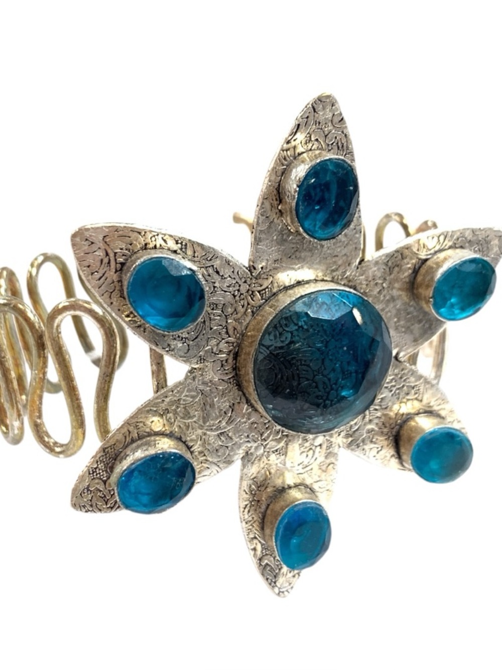 Silver-Tone Blue Gem Starburst Cuff Bracelet - Unbranded